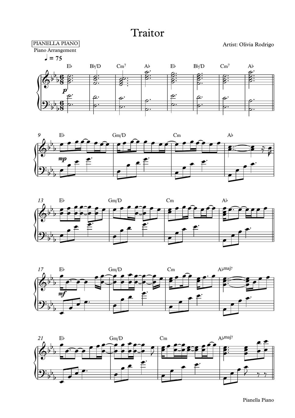 Olivia Rodrigo Traitor Piano Sheet By Pianella Piano