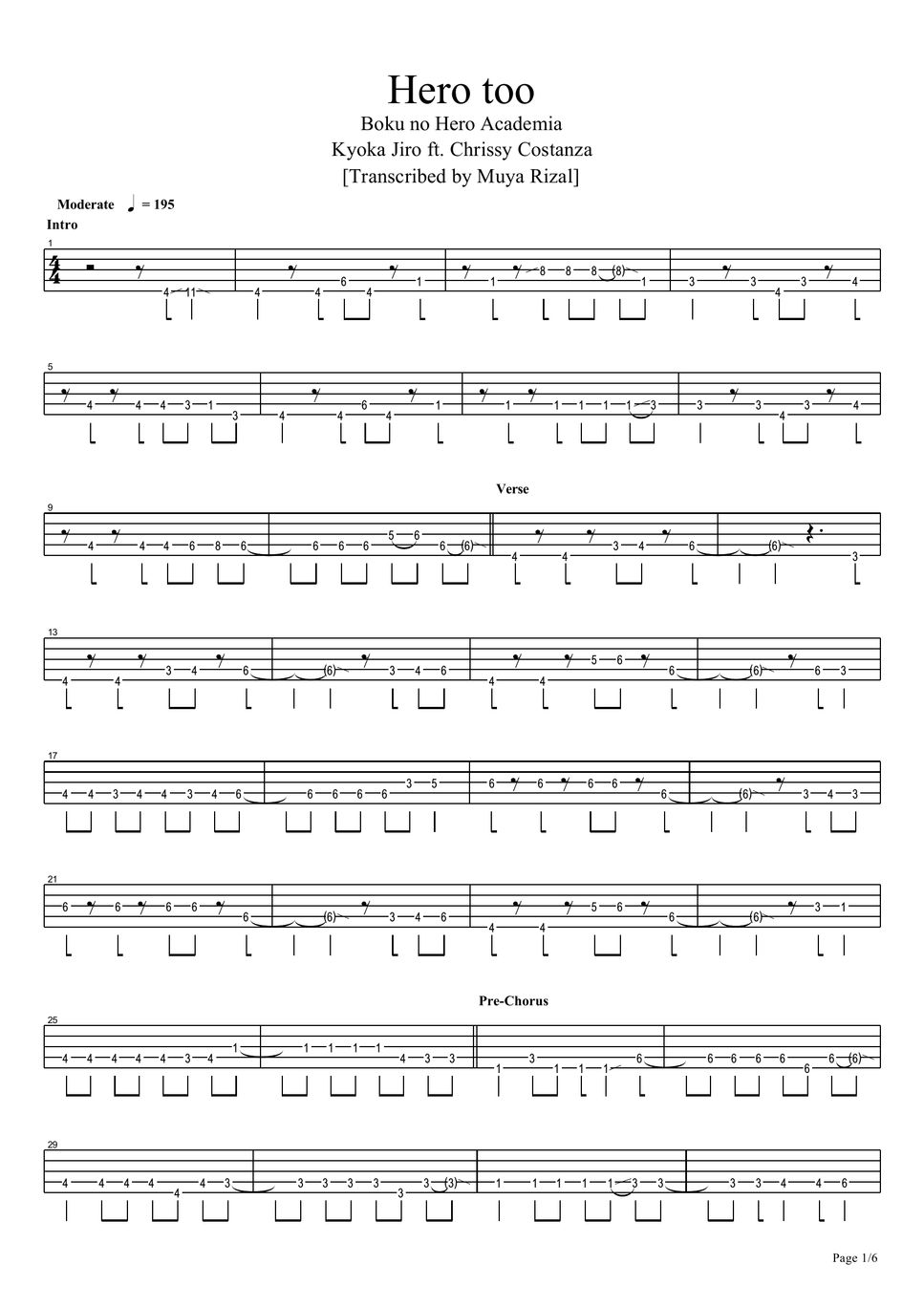 Kyoka Jiro Starring Chrissy Costanza Hero Too Bass Tab Sheets By Muya