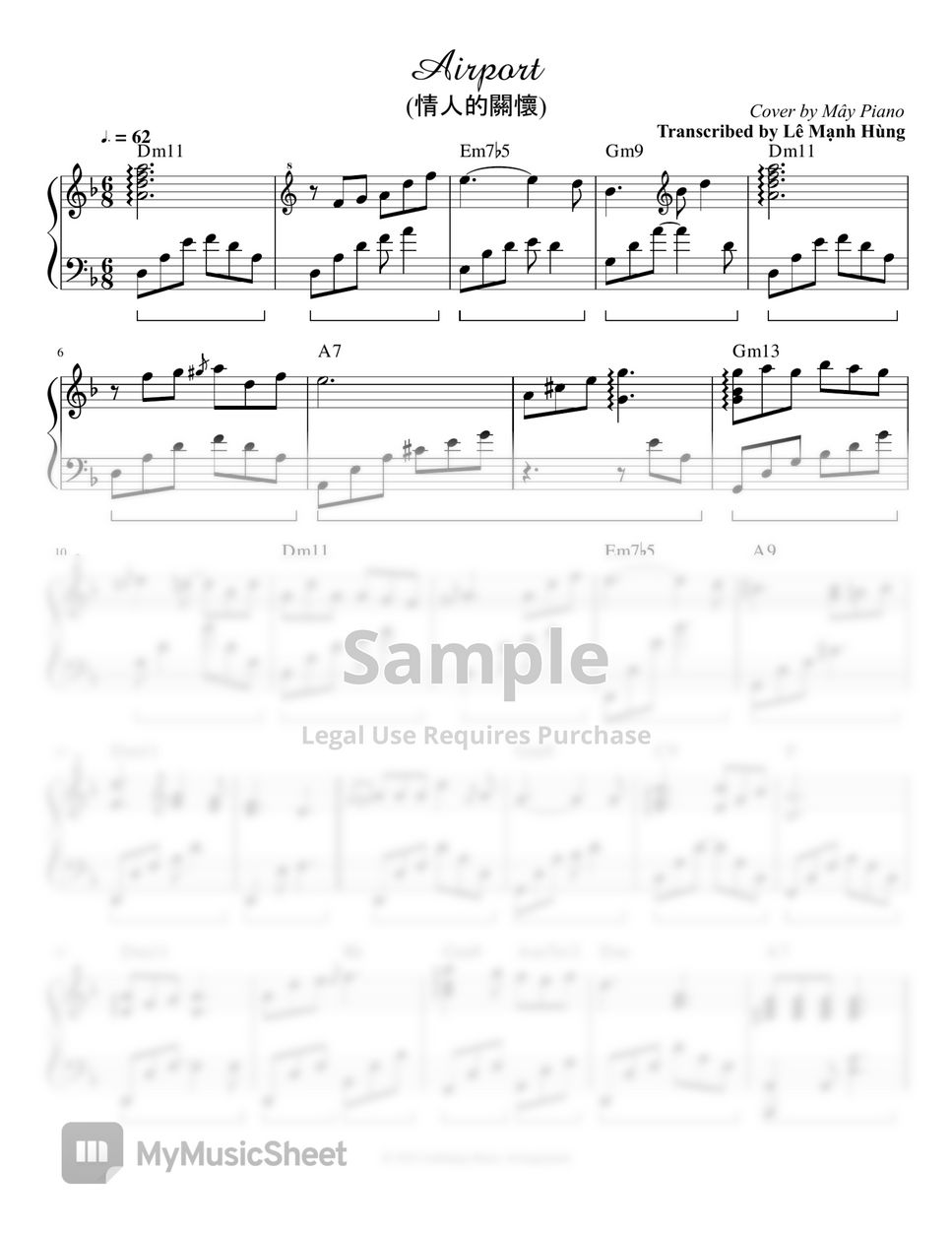 Cover by Mây Piano Airport 情人的關懷 Transcribed Sheets by Le Manh Hung