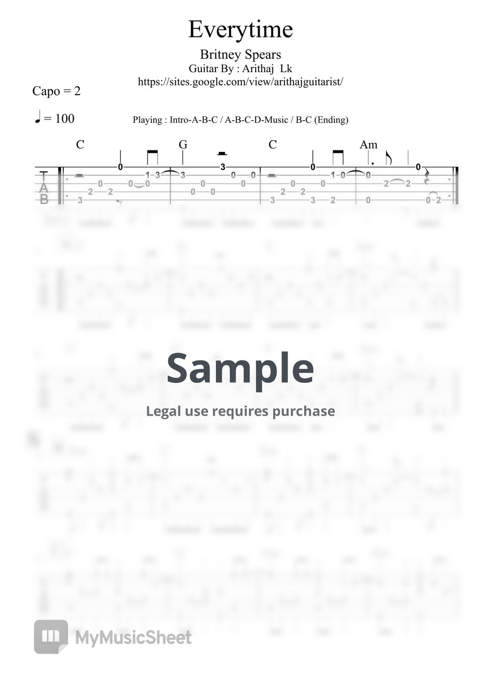 Britney Spears Everytime Fingerstyle Guitar Sheets By Arithaj Lk