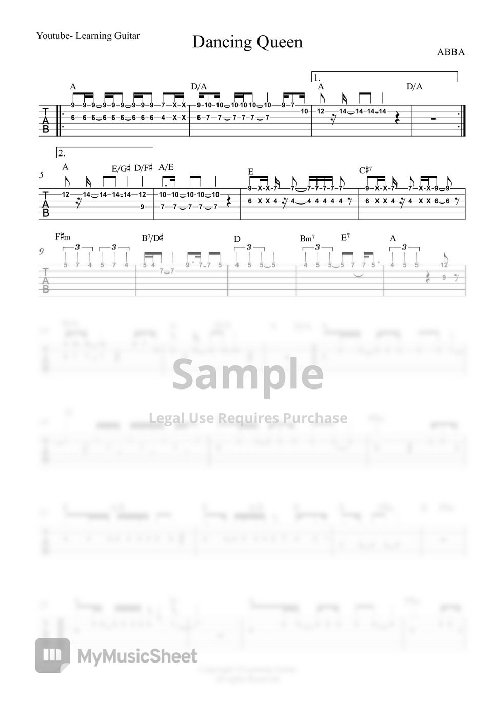 Abba Dancing Queen Melodytab Sheets By Learning Guitar