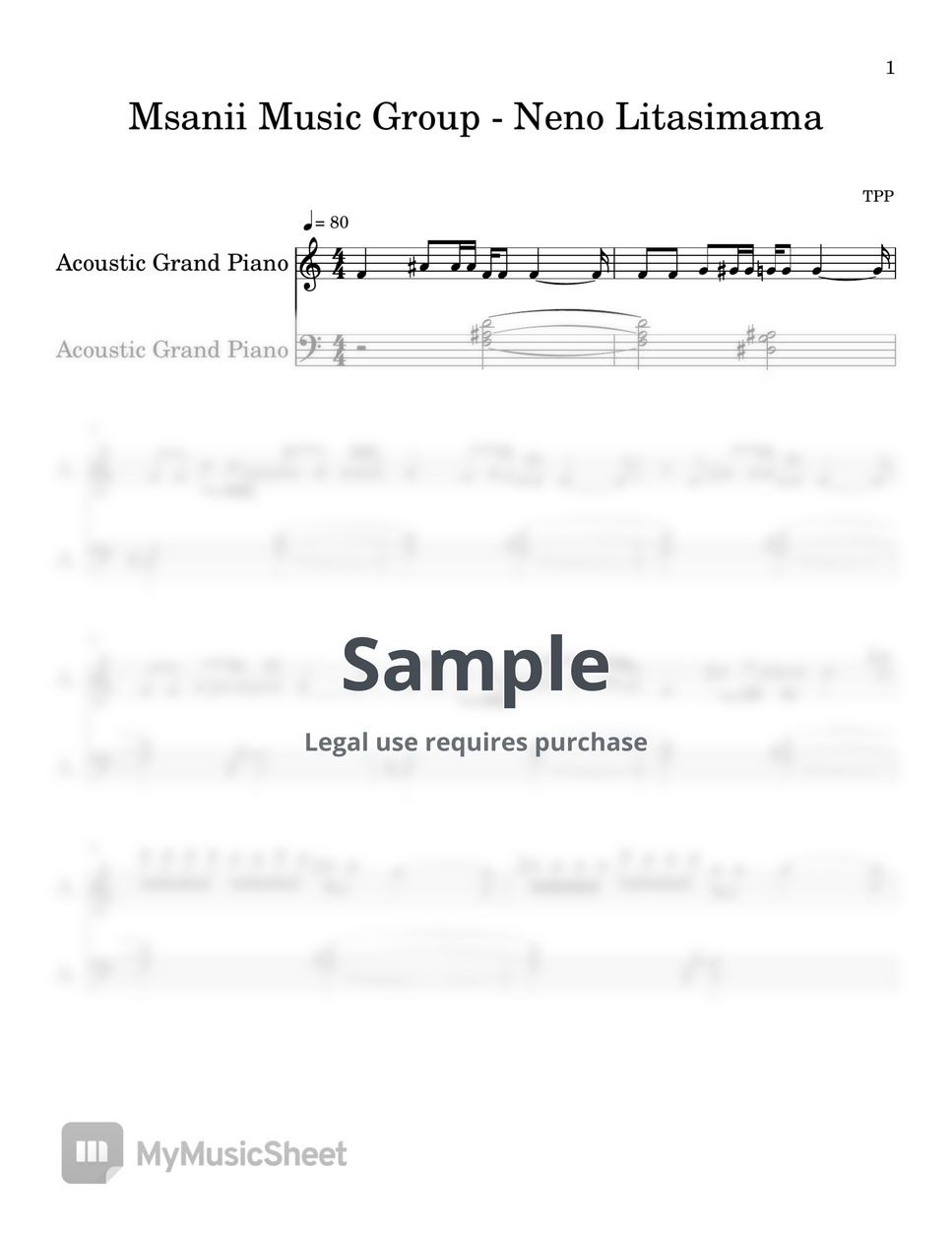 Msanii Music Group Neno Litasimama PIANO SHEET Sheets By TPP