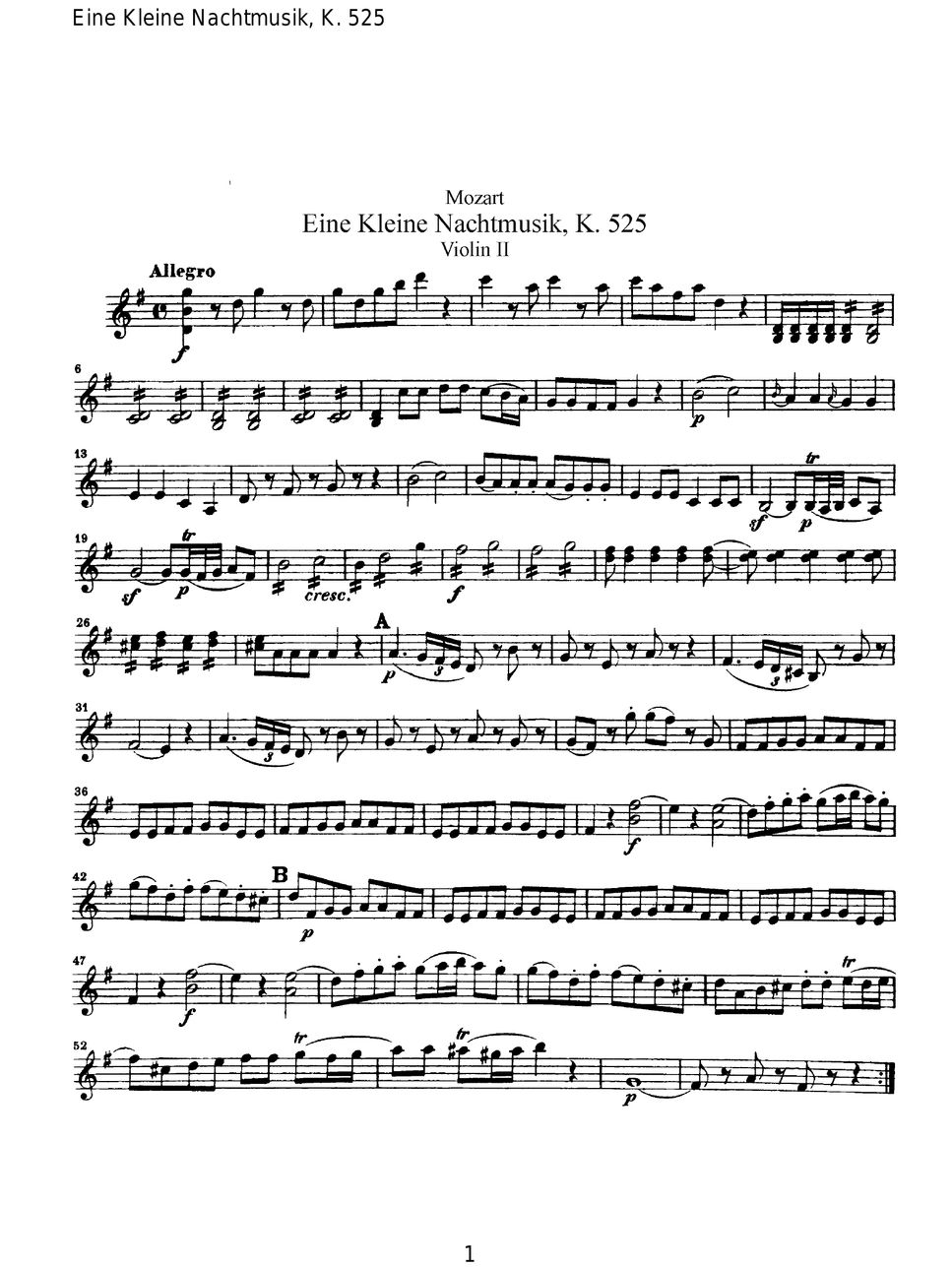 W A Mozart Eine Kleine Nacht Musik Violin I Ii By Original Sheet