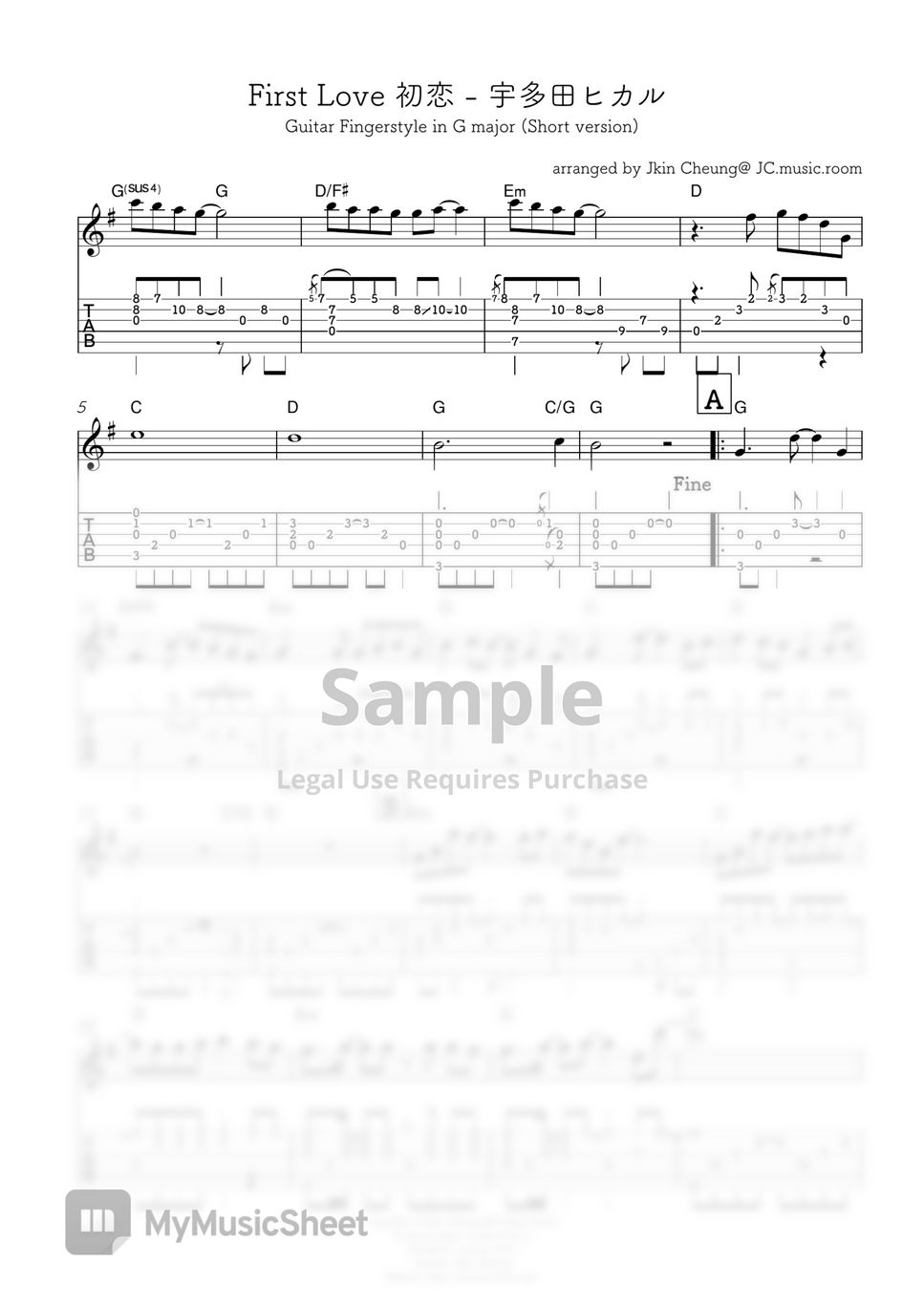 Utada Hikaru First Love Guitar Fingerstyle Sheets By Jkin Cheung