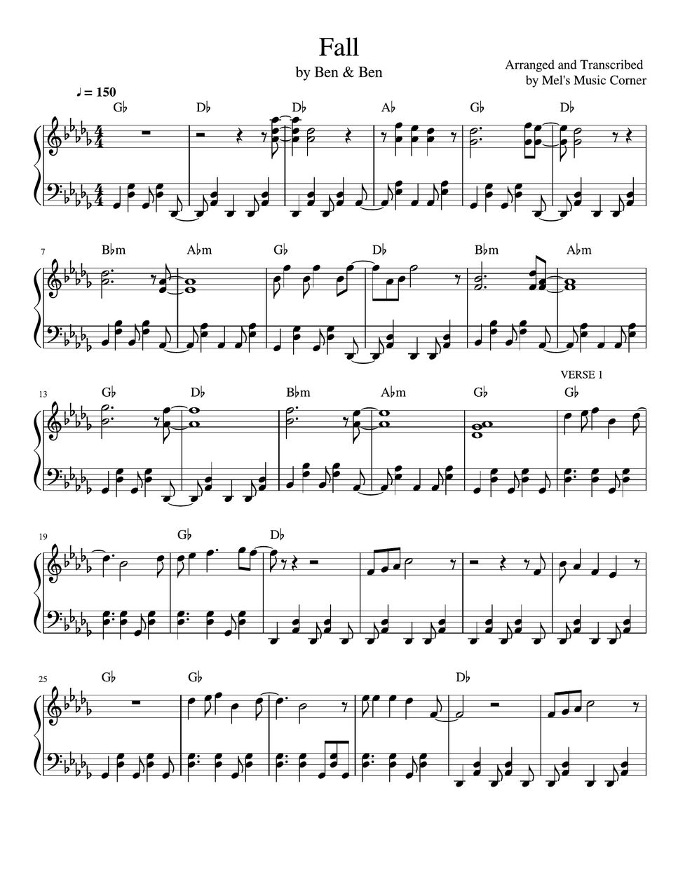 Ben Ben Fall Piano Sheet Music Spartito By Mel S Music Corner