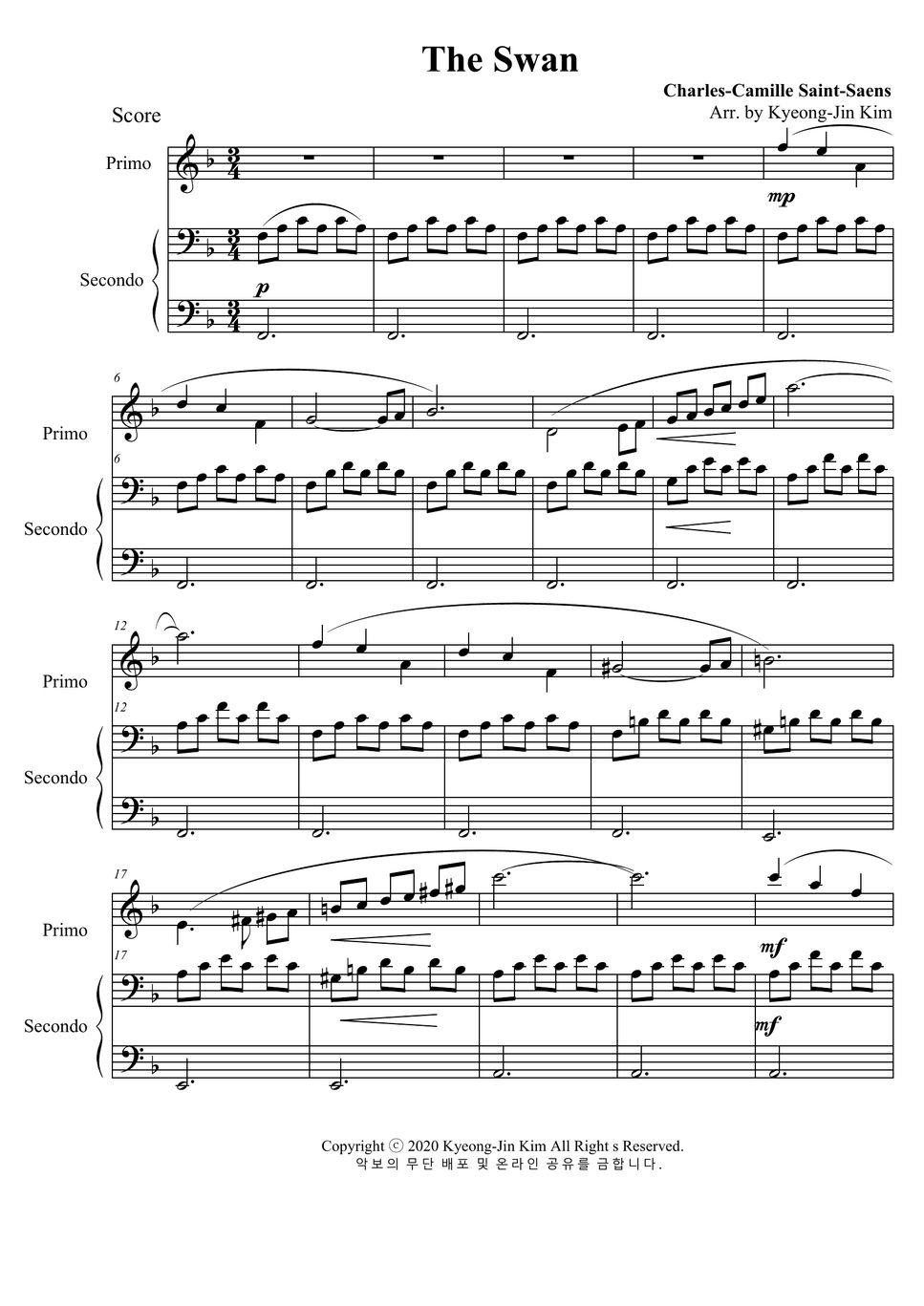 Saint Sa Ns The Swan Easy Sheet Hands Sheets By Pianist Jin