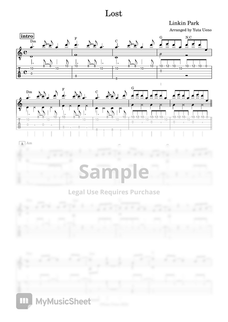 Linkin Park Lost Fingerstyle Tab Staff By Yuta Ueno