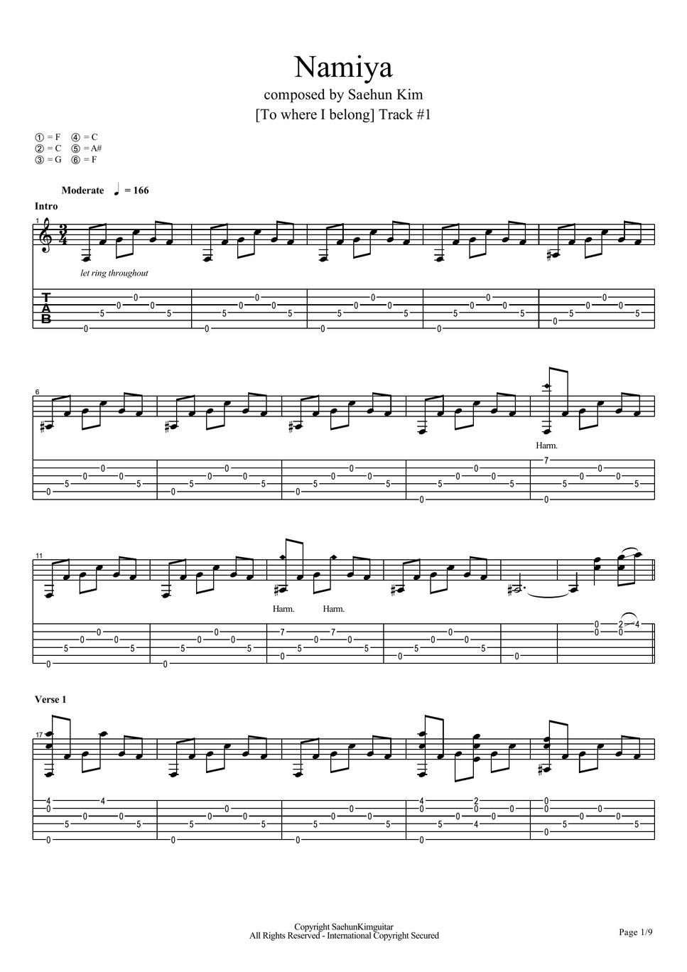 Original Namiya Saehun Kim Fingerstyle Guitar Sheet