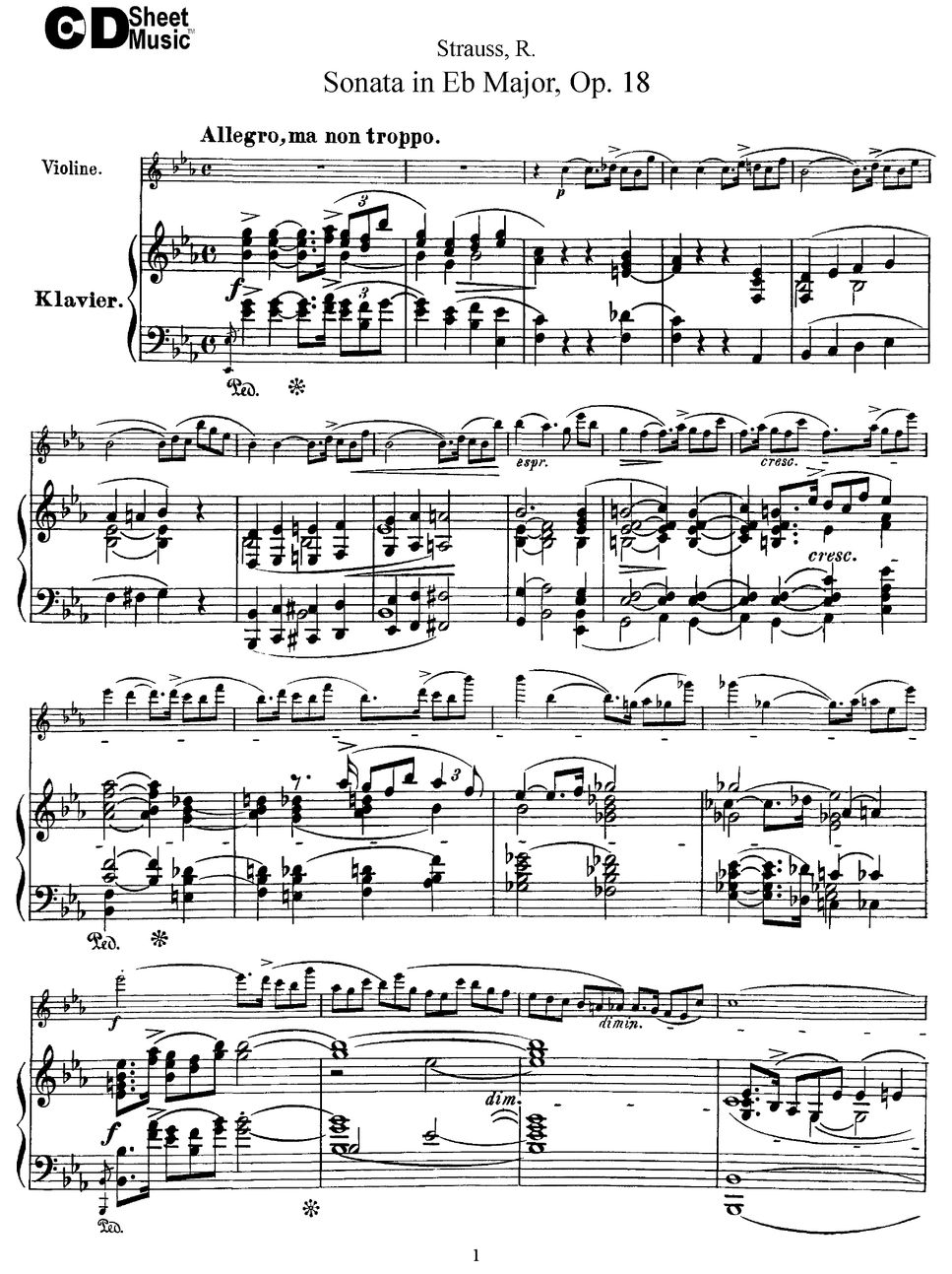 R Strauss Violin Sonata In E Flat Major Op 18 Sheets By Original Sheet