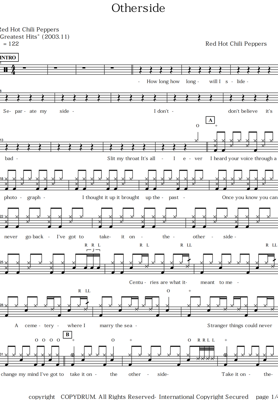 Red Hot Chili Peppers Otherside By Copydrum Lembar Musik