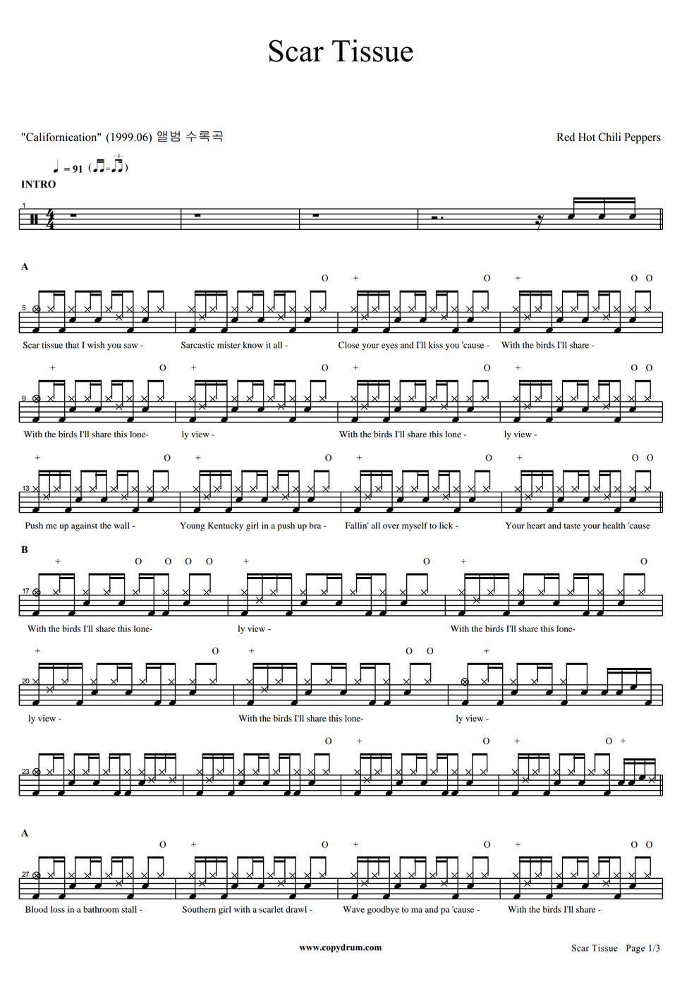 Red Hot Chili Peppers Scar Tissue By Copydrum Sheet