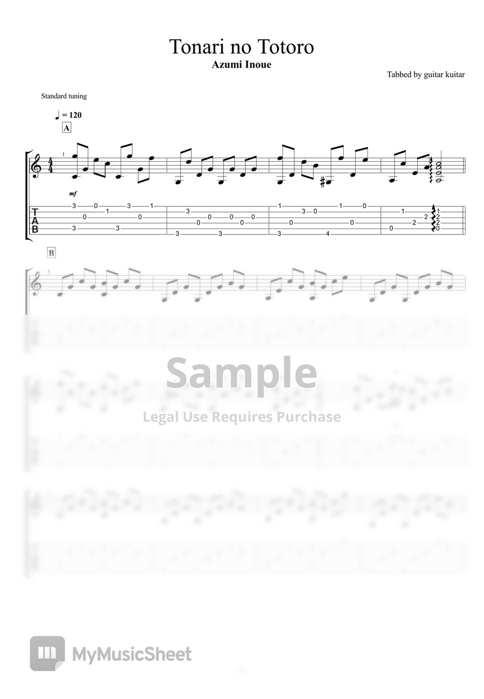 My Neighbor Totoro Tonari No Totoro Guitar TAB Tabulatur 1staff