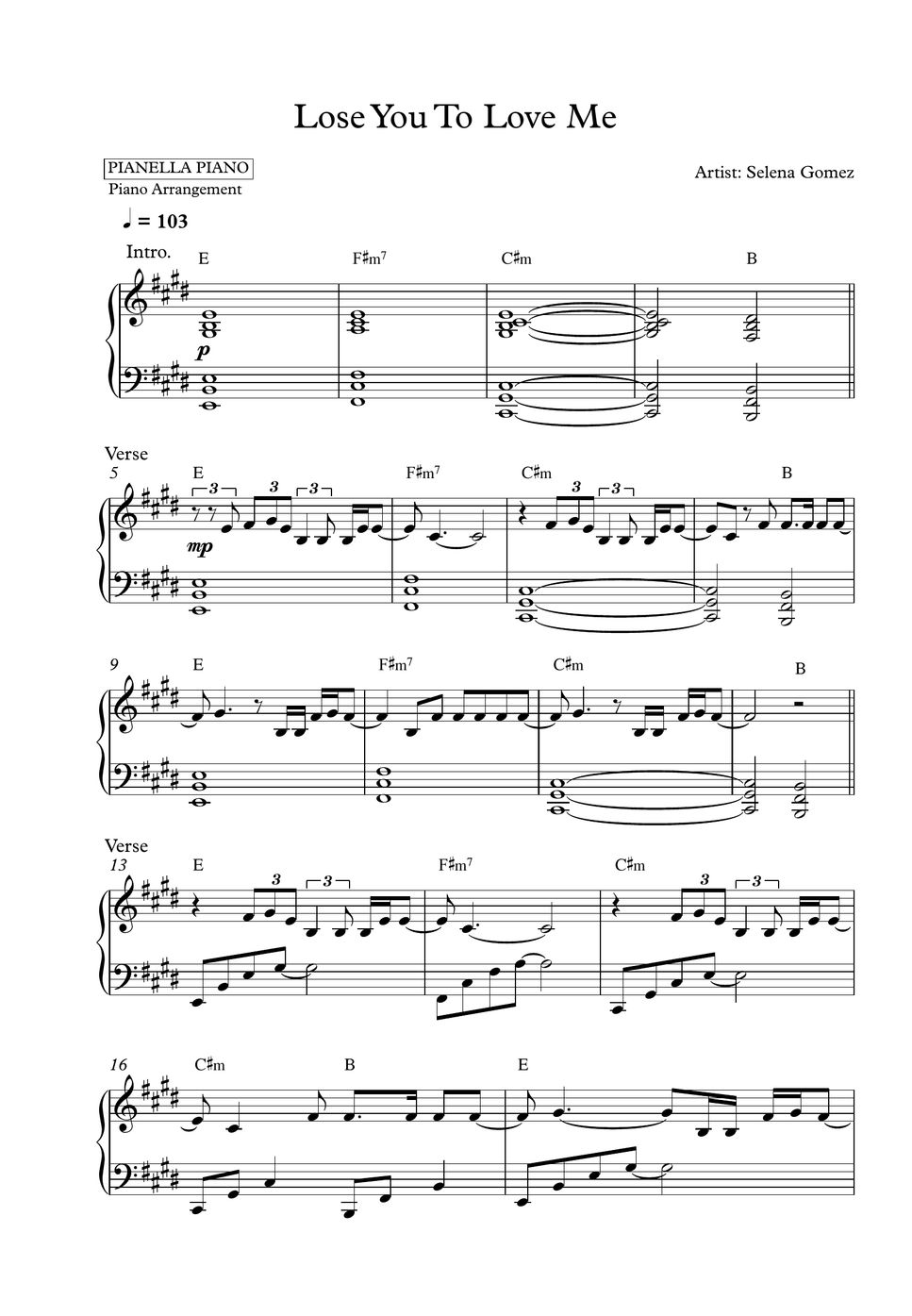 Selena Gomez Lose You To Love Me Piano Sheet Hoja By Pianella Piano