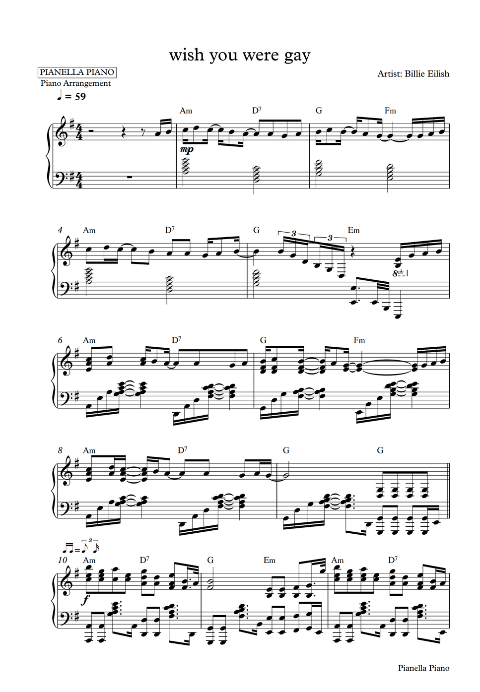Billie Eilish Wish You Were Gay Piano Sheet By Pianella Piano Hoja