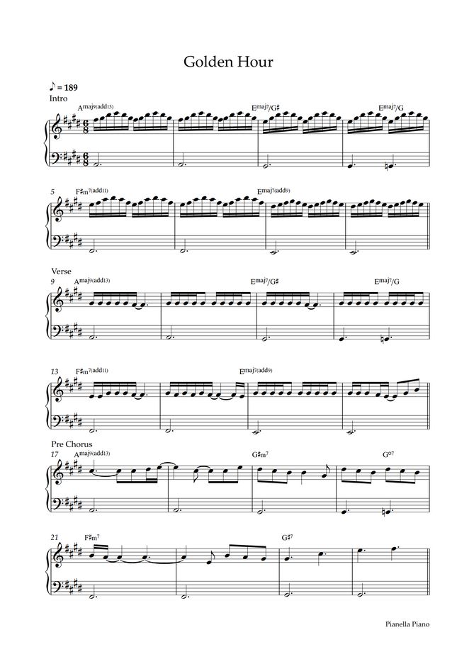 JVKE - golden hour (EASY PIANO SHEET) by Pianella Piano Sheet Music