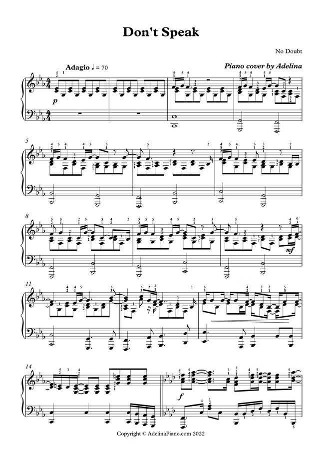 No Doubt - Don't Speak by Adelina Piano Sheet