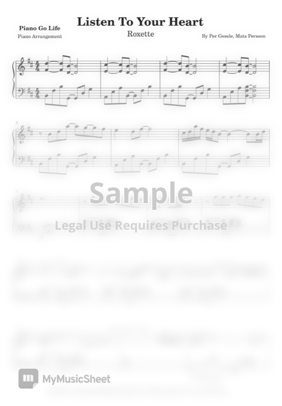 Roxette Listen To Your Heart Sheet by Piano Go Life