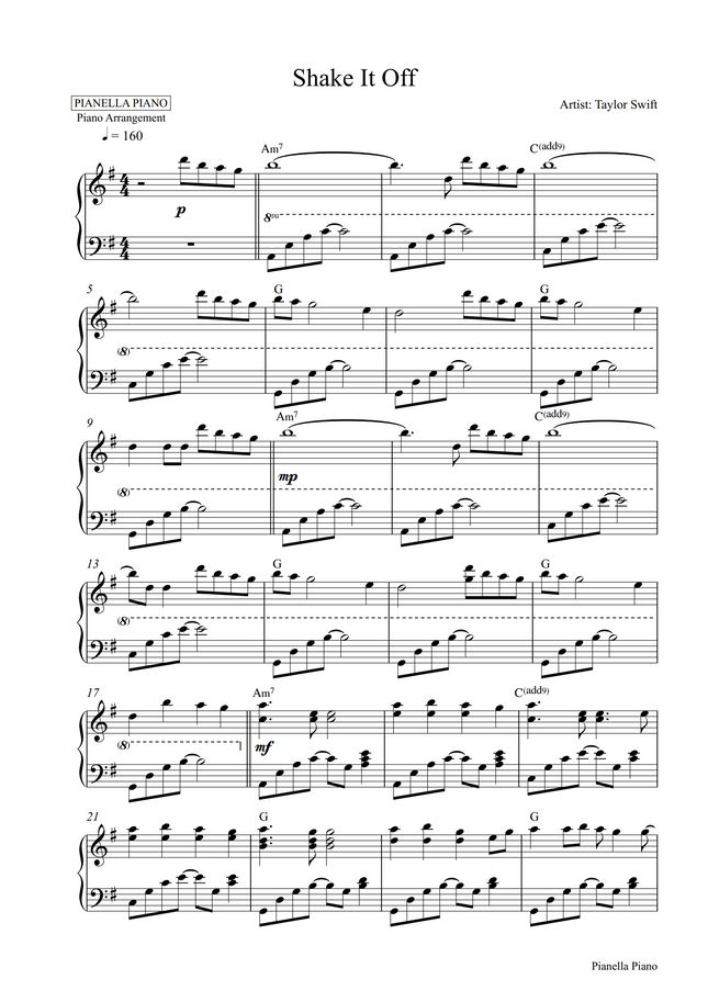 Taylor Swift Shake It Off (Piano Sheet) by Pianella Piano Sheet Music