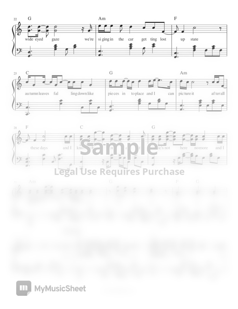 Taylor Swift All Too Well (piano sheet music) by Mel's Music Corner Sheet