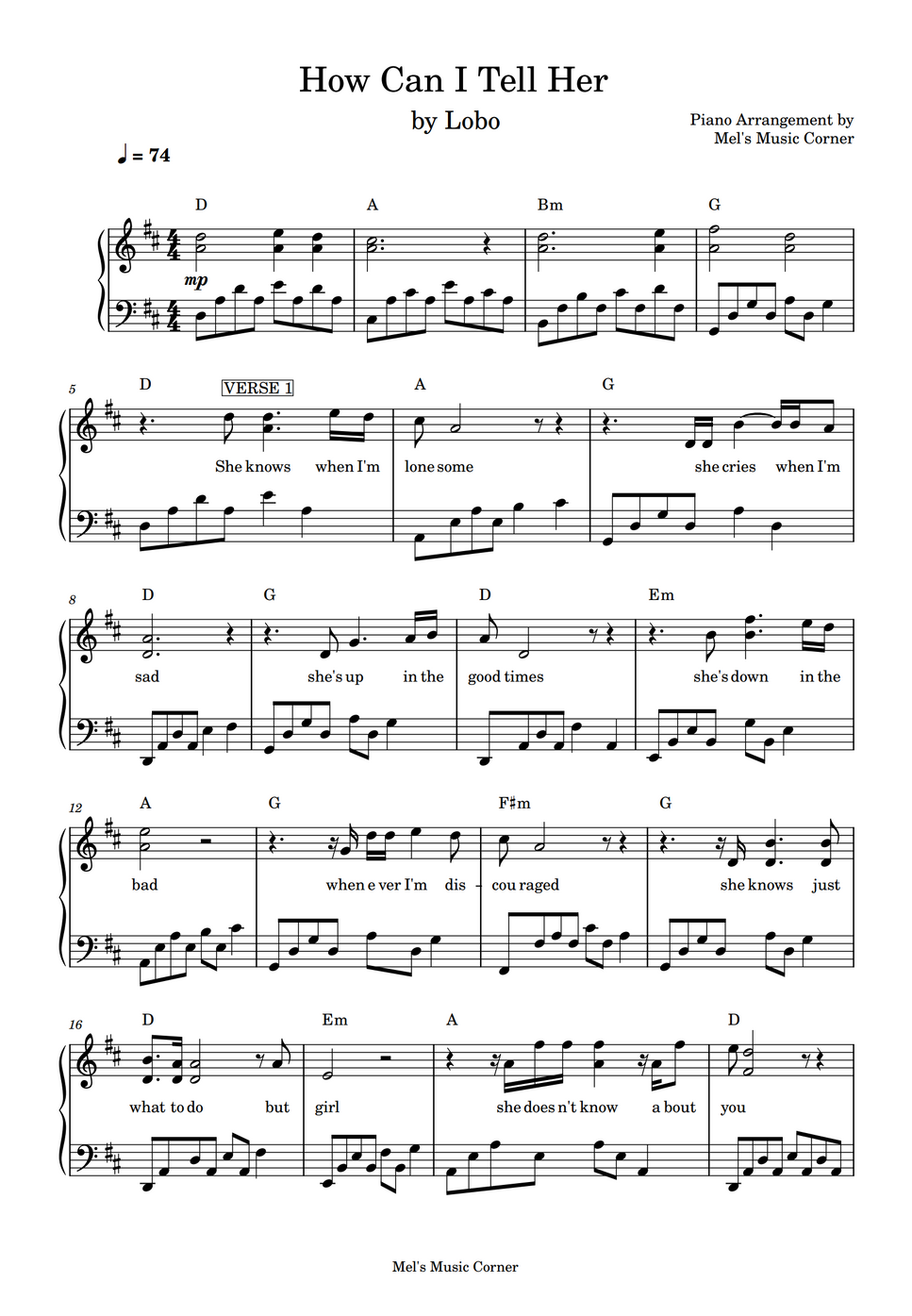 Lobo How Can I Tell Her piano Sheet Music By Mel s Music Corner
