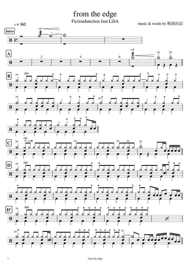 Fictionjunction Feat Lisa From The Edge By Cookai S J Pop Drum Sheet Music Sheet