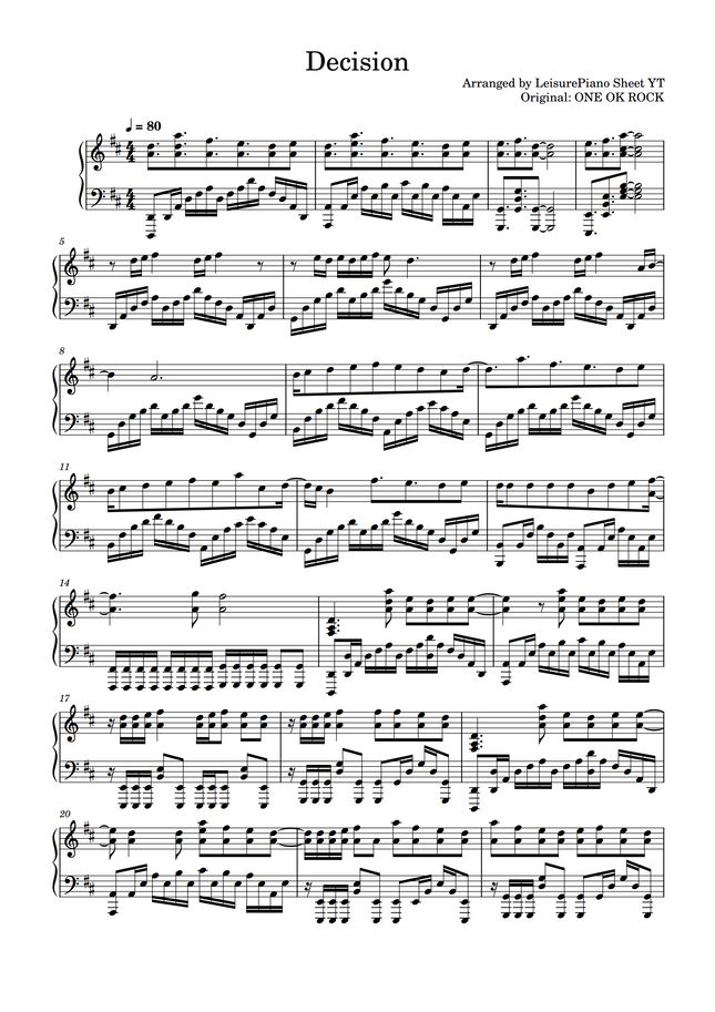 One Ok Rock Decision By Leisure Piano Sheets Yt Sheet Music 