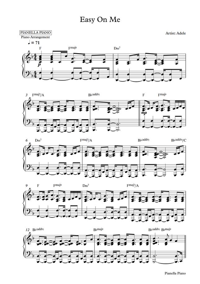 Adele - Easy On Me (Piano Sheet) by Pianella Piano Sheet Music