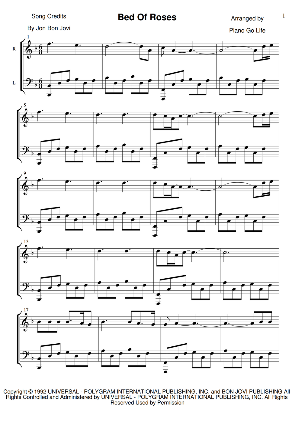 Bon Jovi Bed Of Roses Lembar Musik by Piano Go Life