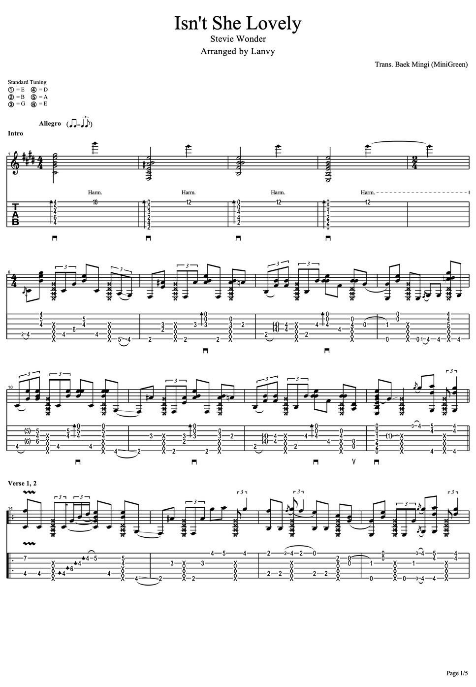 Isnt She Lovely By Stevie Wonder Tabs Sheet 6882