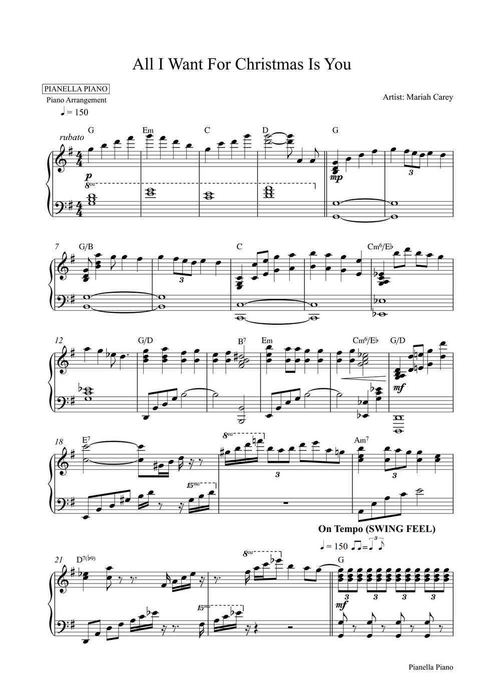 Mariah Carey All I Want For Christmas Is You (Piano Sheet) Sheet by Pianella Piano