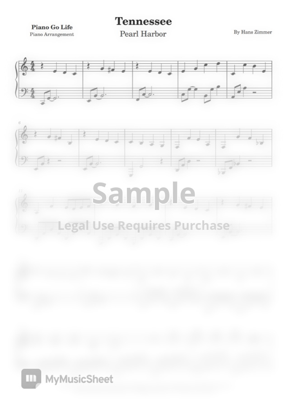 Pearl Harbor Tennessee (Hans Zimmer) by Piano Go Life Sheet