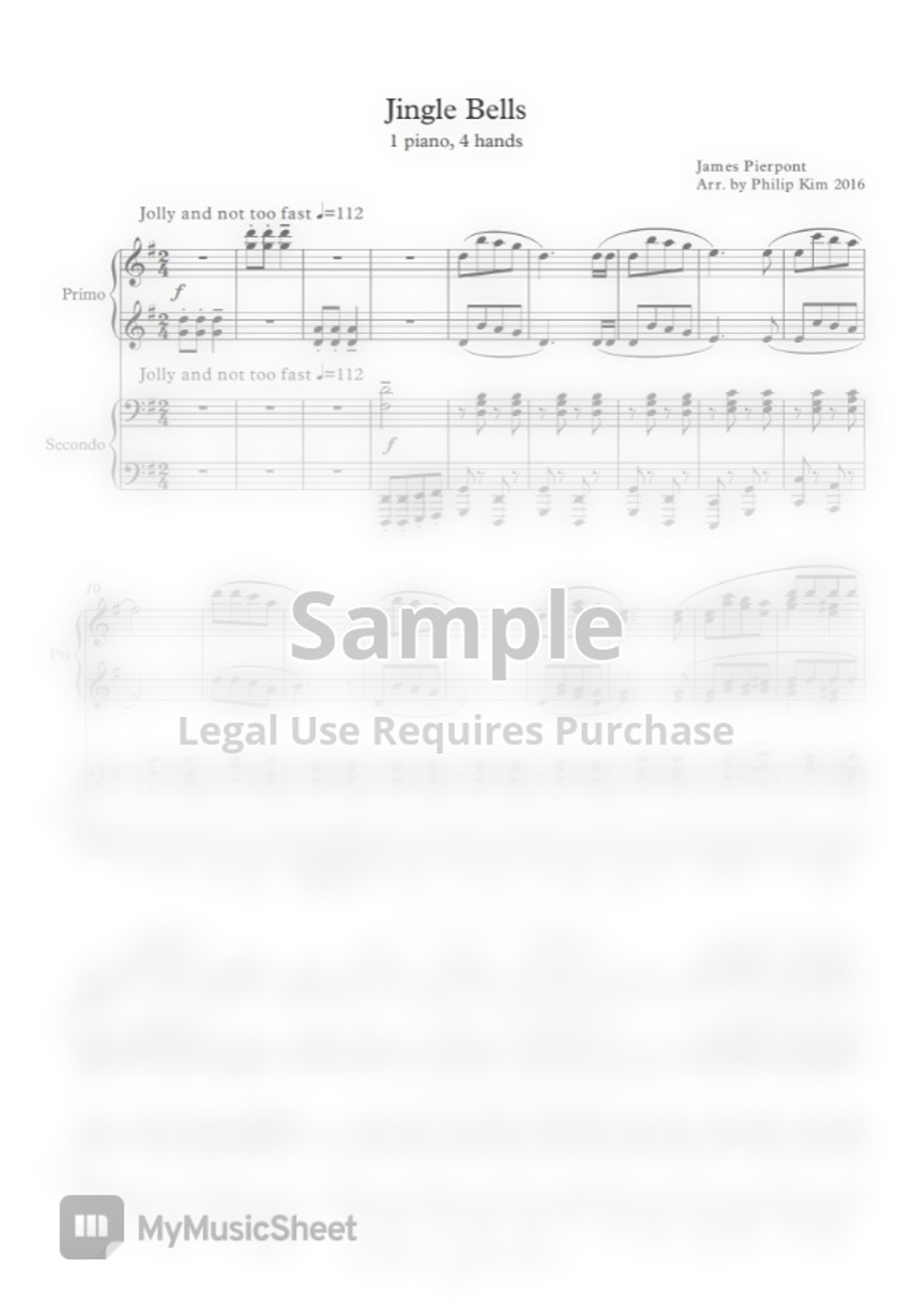 James Lord Pierpont Jingle Bells Piano Duet by Philip Kim Sheet