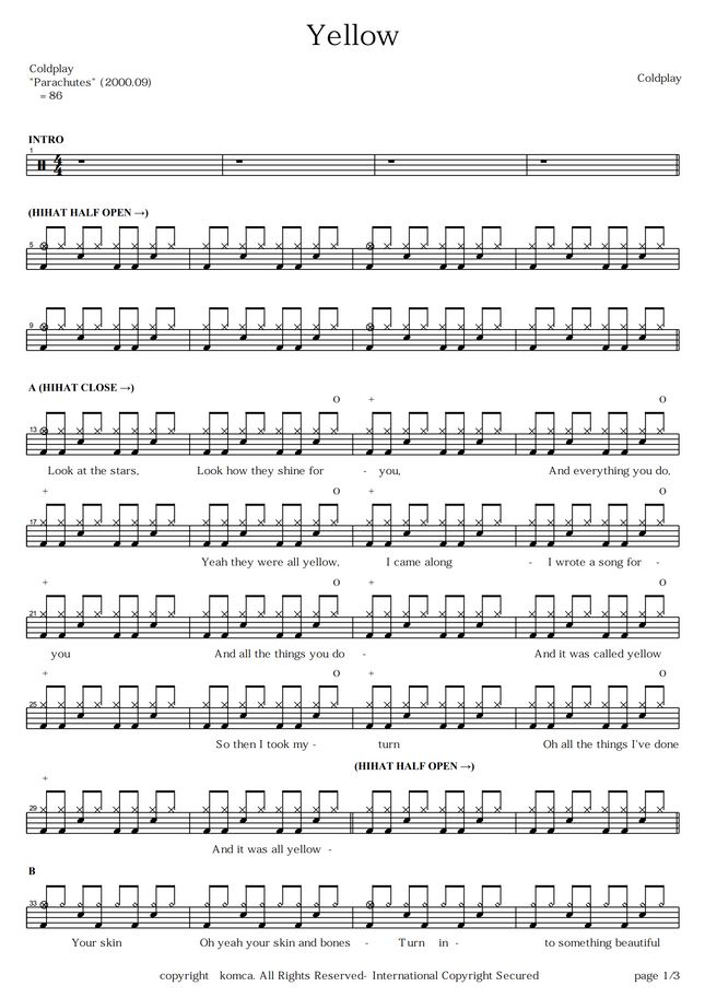 Coldplay Yellow by COPYDRUM Sheet Music