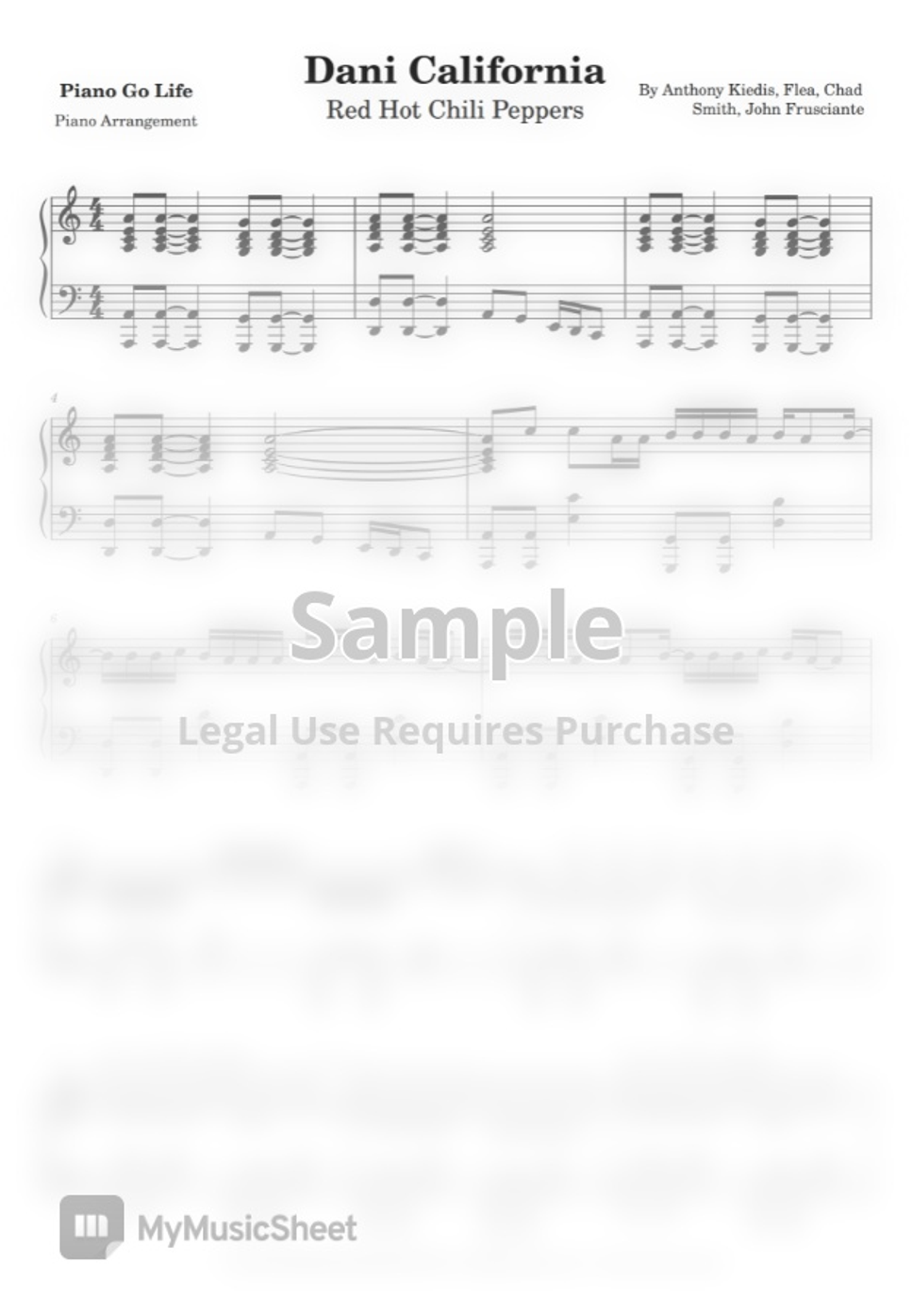 Red Hot Chili Peppers Dani California by Piano Go Life 악보