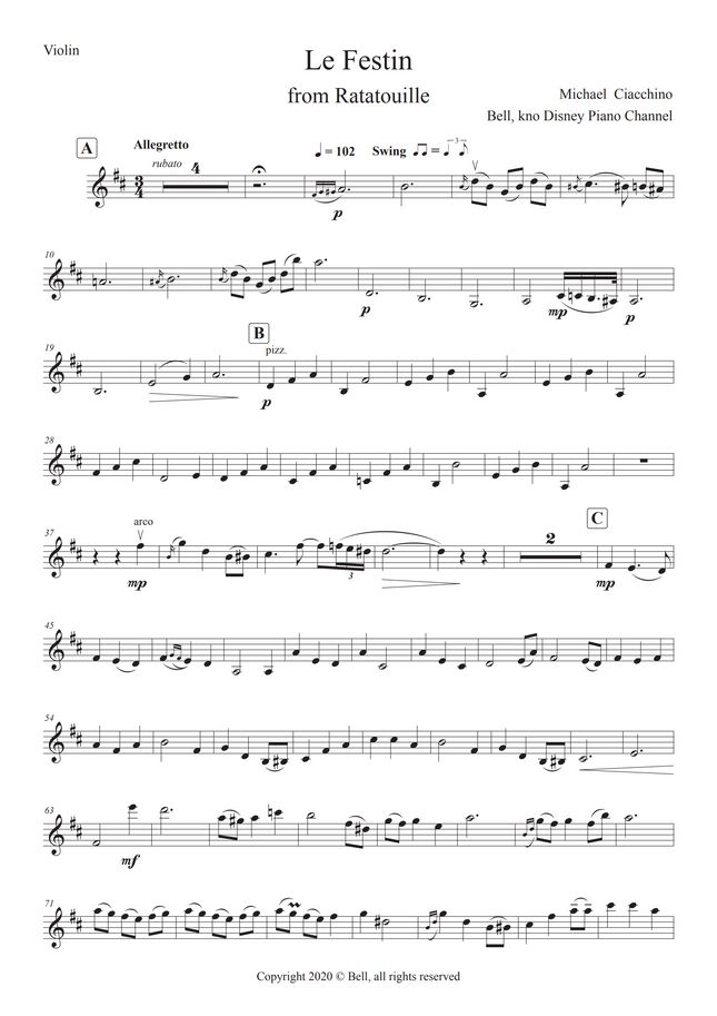 Ratatouille OST Le Festin (Violin, Piano) by Bell Sheet Music