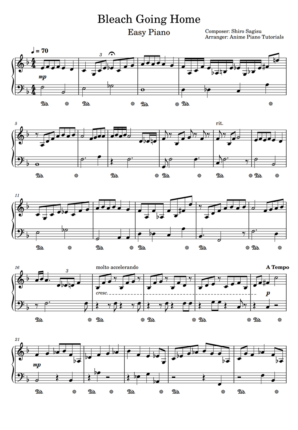 Shiro Sagisu Bleach Going Home by Anime Piano Tutorials Sheet
