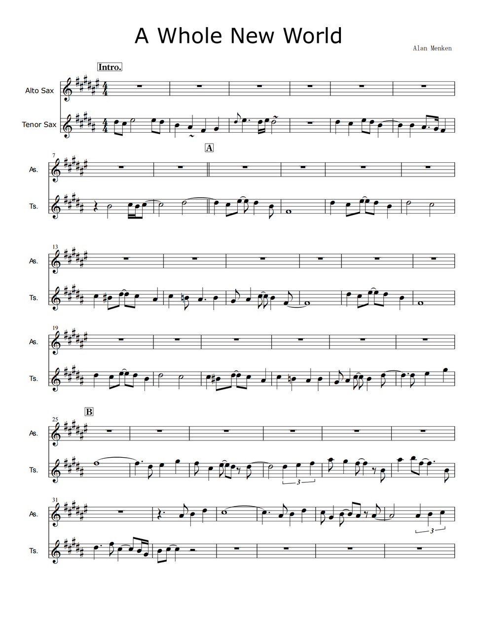 Aladdin A Whole New World (Alto & Tenor Sax) Sheet