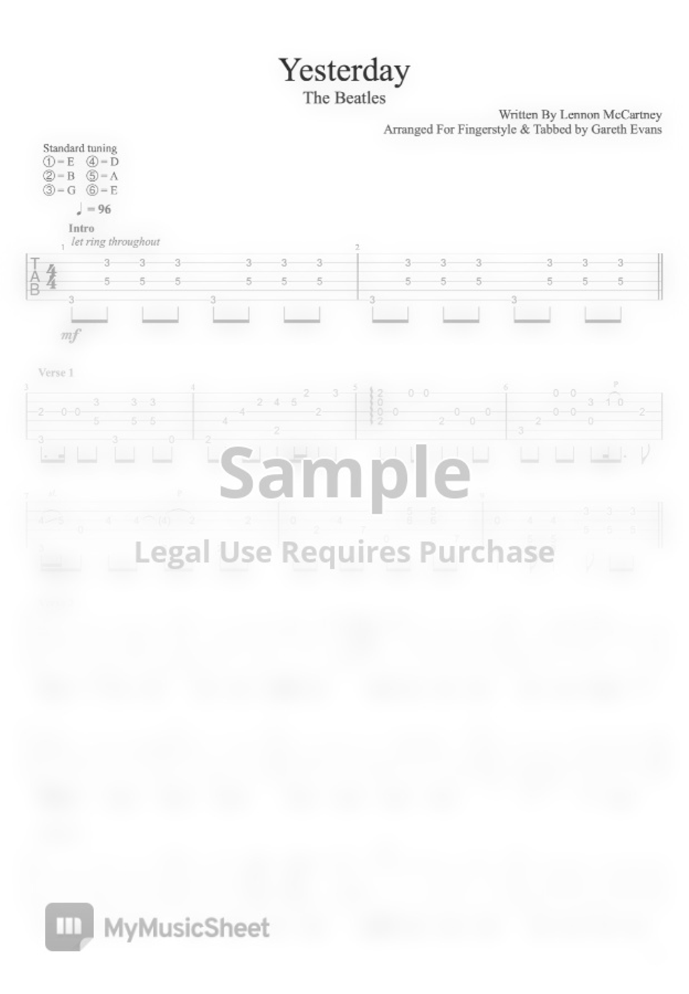 The Beatles Yesterday (Fingerstyle) TAB by Gareth Evans