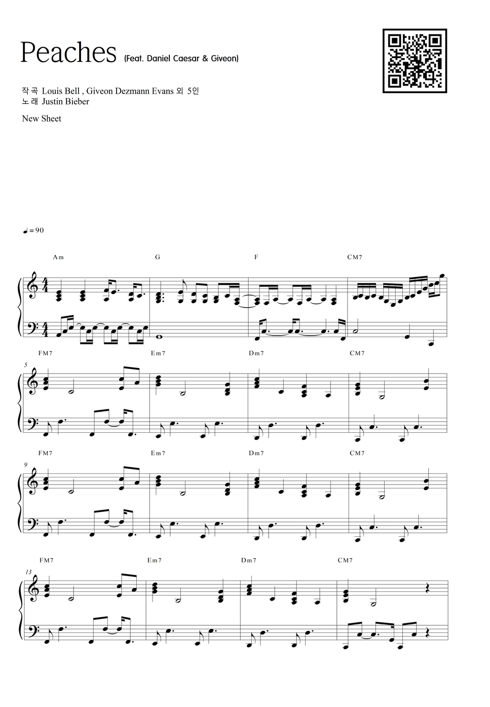 Justin Bieber Peaches (bacp up piano , 반주악보) نوتة by NewSheet