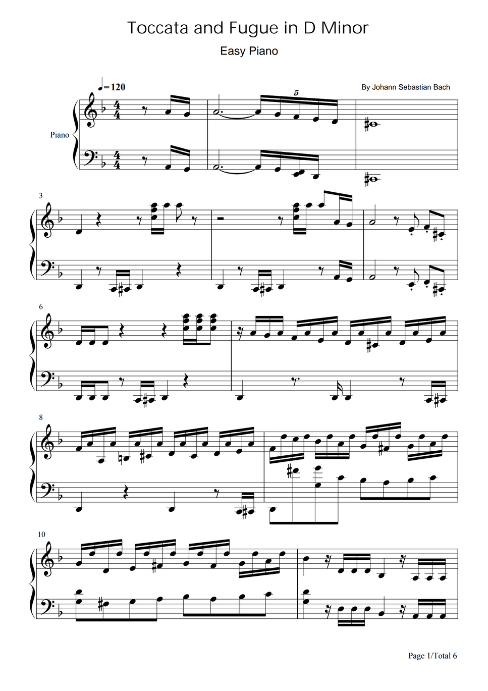 Johann Sebastian Bach Toccata and Fugue in D Minor (Easy Piano Sheet