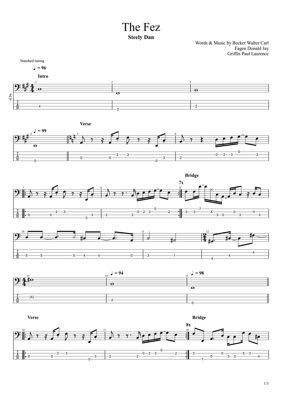 Steely Dan The Fez by まっきん タブ + 五線譜 楽譜