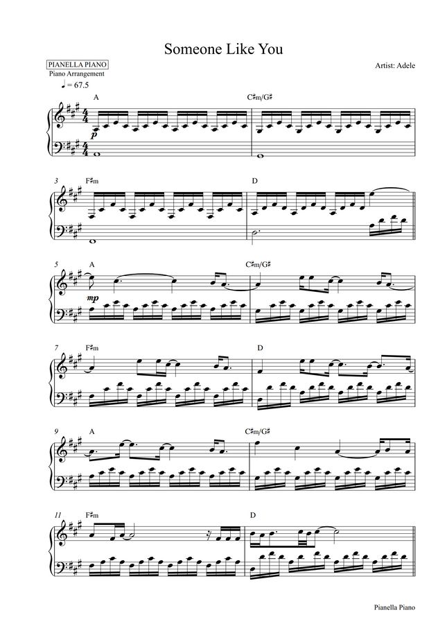 Adele Someone Like You (Piano Sheet) by Pianella Piano Sheet Music