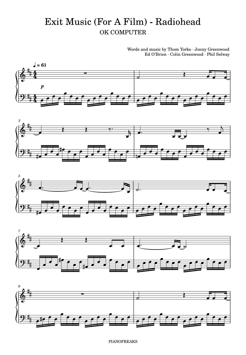 Radiohead Exit Music (For A Film) Partition musicale by PianoFreaks
