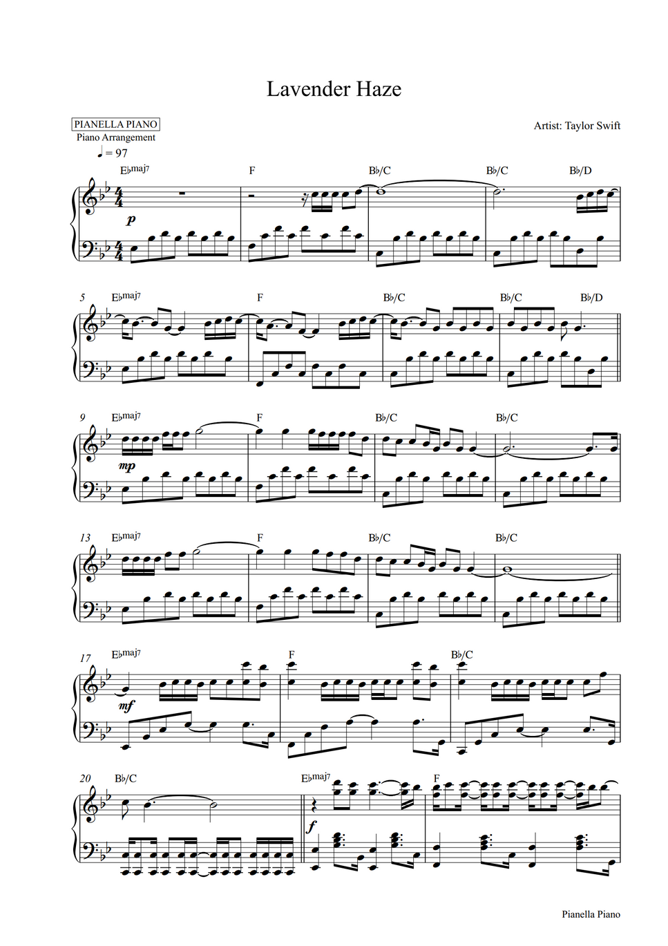Taylor Swift Lavender Haze (Piano Sheet) by Pianella Piano Sheet