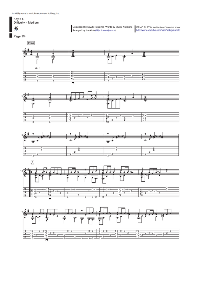 中島みゆき 糸 By 城直樹 Tab 1staff Sheet