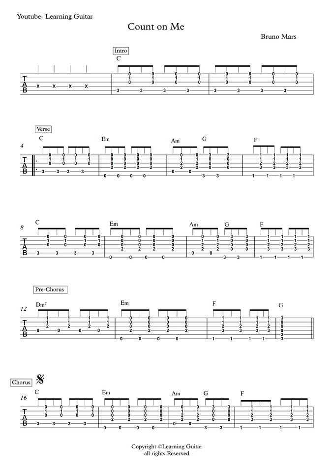 Bruno Mars Count On Me Guitar Rhythm Chords Tab By Learning Guitar Sheet