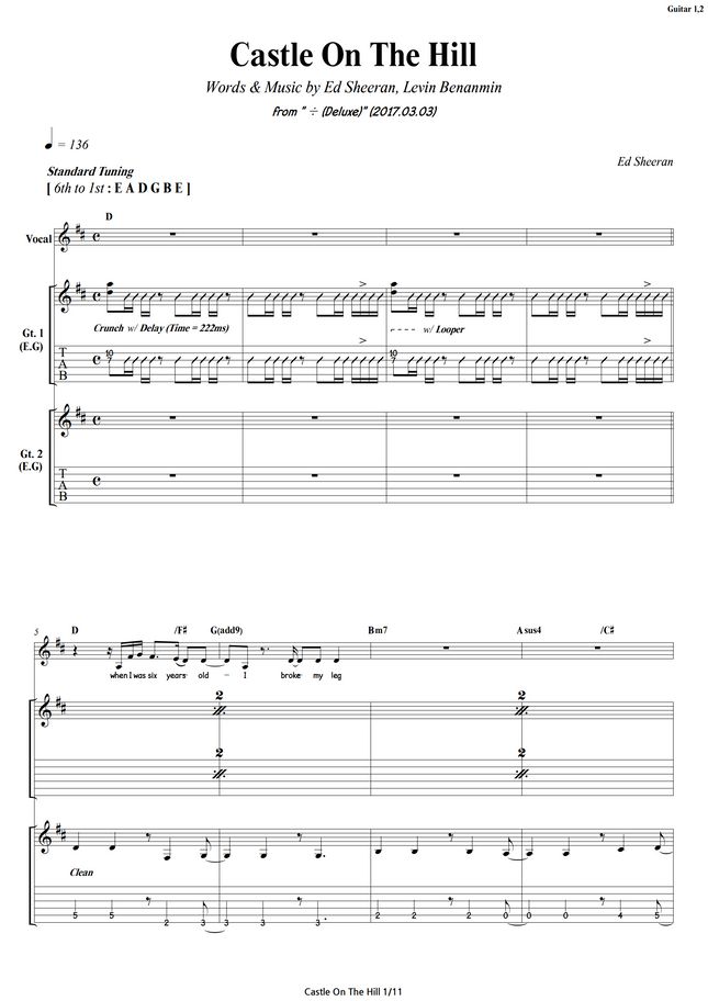 Castle On The Hill Ed Sheeran Guitar 기타 Sheet Music 