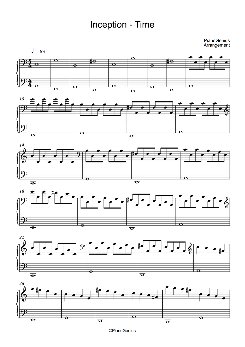 Hans Zimmer Inception Time (EASY) by PianoGenius Spartito