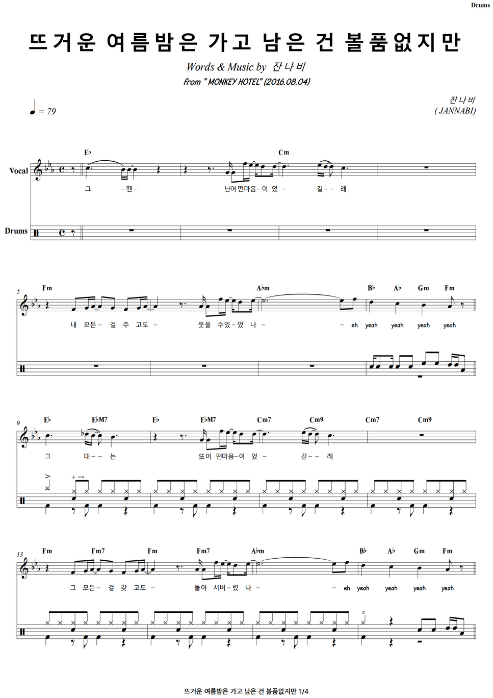 잔나비 뜨거운 여름 밤은 가고 남은 건 볼품없지만 드럼 Sheet