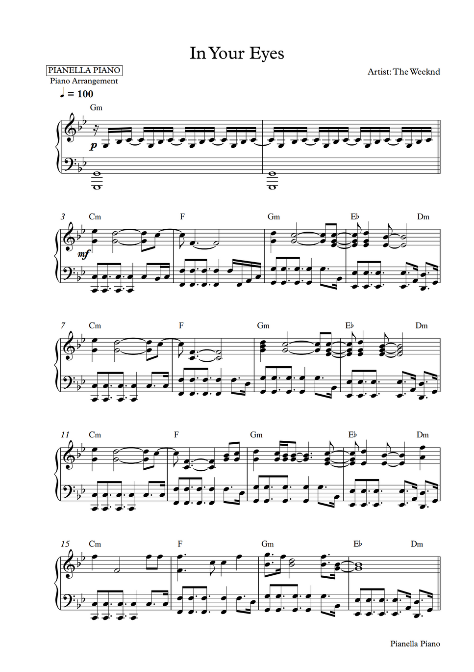 The Weeknd In Your Eyes (Piano Sheet) by Pianella Piano Partition musicale